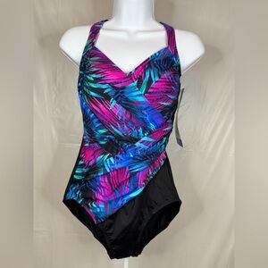Miradonna by Miraclesuit Tropical One Piece Swimsuit Size 10 NWT Ruched